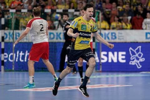 Torschütze Patrick Groetzki (RNL, 24), jubelt über ein Tor, Jubel, Torjubel, Torerfolg, celebrate the goal, goal, celebration, Jubel ueber das Tor, optimistisch, Spielszene, Highlight, Freisteller, Ganzkörper, Einzelbild, Aktion, Action, 29.05.2019, Mannheim, Handball, DKB Bundesliga, Rhein-Neckar Löwen - TSG Ludwigshafen-Friesenheim (Die Eulen)