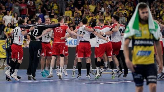 Spieler der TSG Ludwigshafen-Friesenheim (Die Eulen) Jubel nach dem Schlusspfiff, Sieg, Sieger, Gewinner, jubelt, jubeln, Freude, optimistisch, Highlight, Action, Aktion, 29.05.2019, Mannheim, Handball, DKB Bundesliga, Rhein-Neckar Löwen - TSG Ludwigshafen-Friesenheim (Die Eulen)