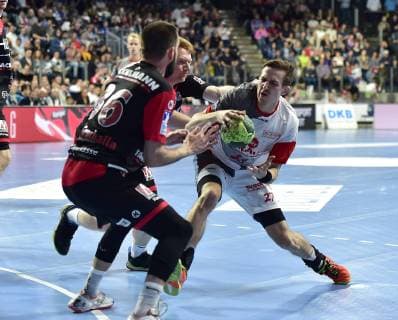 29.05.2019 - Handball - 1. Bundesliga DKB HBL - Saison 2018 2019 - 33. Spieltag: HC Erlangen Metropolregion Nürnberg HCE - MT Melsungen - OGo - Florian von Gruchalla (36, HC Erlangen HCE ) Nicolai Theilinger (3, HC Erlangen HCE ) Roman Sidorowicz (27, MT Melsungen )