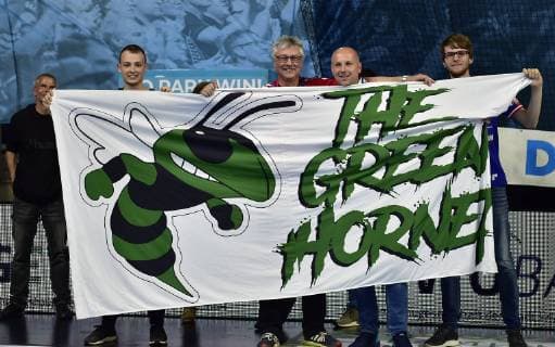 29.05.2019 - Handball - 1. Bundesliga DKB HBL - Saison 2018 2019 - 33. Spieltag: HC Erlangen Metropolregion Nürnberg HCE - MT Melsungen - OGo - Gorazd Skof (12, HC Erlangen HCE ) mit Banner The Green Hornet