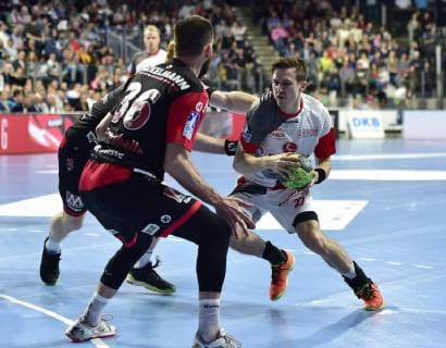 29.05.2019 - Handball - 1. Bundesliga DKB HBL - Saison 2018 2019 - 33. Spieltag: HC Erlangen Metropolregion Nürnberg HCE - MT Melsungen - OGo - Florian von Gruchalla (36, HC Erlangen HCE ) Nicolai Theilinger (3, HC Erlangen HCE ) Roman Sidorowicz (27, MT Melsungen )