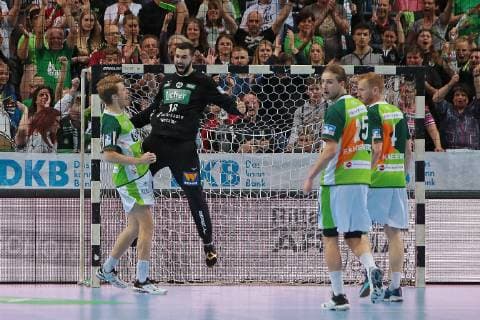 29.05.2019, xovx, Handball HBL, HSG Wetzlar - TVB Stuttgart emspor, v.l. Jubel bei Kristian Bjoernsen (HSG Wetzlar), Tibor Ivanisevic (HSG Wetzlar), Olle Forsell Schefvert (HSG Wetzlar) und Stefan Kneer (HSG Wetzlar) (DFL DFB REGULATIONS PROHIBIT ANY USE OF PHOTOGRAPHS as IMAGE SEQUENCES and or QUASI-VIDEO) Wetzlar