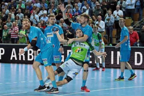 29.05.2019, xovx, Handball HBL, HSG Wetzlar - TVB Stuttgart emspor, v.l. Michael Schweikardt (TBV Stuttgart), David Schmidt (TBV Stuttgart), Olle Forsell Schefvert (HSG Wetzlar), Tobias Schimmelbauer (TBV Stuttgart), Aktion . (DFL DFB REGULATIONS PROHIBIT ANY USE OF PHOTOGRAPHS as IMAGE SEQUENCES and or QUASI-VIDEO) Wetzlar