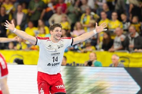 Rhein-Neckar-Loewen - Die Eulen Ludwigshafen Mannheim, Deutschland 29. Mai 2019 Handball Bundesliga; 33. Spieltag, in der SAP-Arena. Maximilian Haider (Ludwigshafen), Aktion Einzelbild Gestik Geste gestikuliert Mimik starker Gesichtsausdruck Emotion Jubel Freude Emotion Torjubel Torschuetze Torschütze