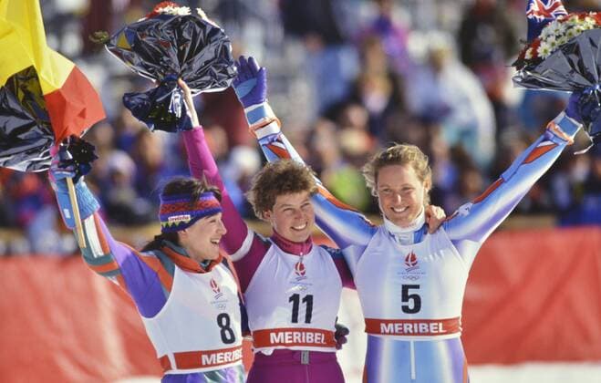 Ski Alpin Olympische Spiele 1992: COBERGER (NZL), KRONBERGER (AUT), FERNANDEZ-OCHOA (ESP) Olympische Winterspiele Albertville 08-23.02.1992 Slalom Damen 20.02.1992 Annelise COBERGER (Neuseeland links), Petra KRONBERGER (Oesterreich Mitte), Blanca FERNANDEZ-OCHOA (Spanien) Albertville Frankreich *** Ski Alpine Olympic Games 1992 COBERGER NZL , KRONBERGER AUT , FERNANDEZ OCHOA ESP Olympic Winter Games Albertville 08 23 02 1992 Slalom Women 20 02 1992 Annelise COBERGER New Zealand left , Petra KRONBERGER Austria middle , Blanca FERNANDEZ OCHOA Spain Albertville France 