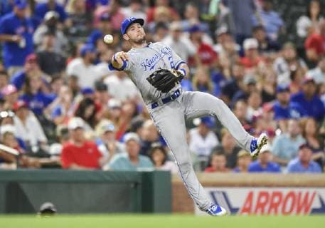 May 30, 2019: Kansas City Royals third baseman Chris Owings 2 makes an off balanced throw to first base for an out during an MLB, Baseball Herren, USA game between the Kansas City Royals and the Texas Rangers at Globe Life Park in Arlington, TX Kansas City defeated Texas 4-2 CSM. MLB 2019: Royals vs Rangers May 30 - ZUMAcp2_ 20190530_zaf_cp2_009 Copyright: xAlbertxPenax