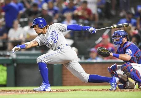 May 30, 2019: Kansas City Royals second baseman Adalberto Mondesi 27 hits a double during an MLB, Baseball Herren, USA game between the Kansas City Royals and the Texas Rangers at Globe Life Park in Arlington, TX Kansas City defeated Texas 4-2 CSM. MLB 2019: Royals vs Rangers May 30 - ZUMAcp2_ 20190530_zaf_cp2_010 Copyright: xAlbertxPenax