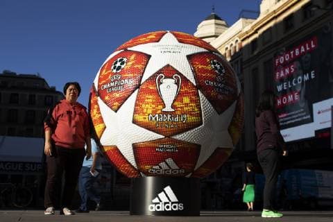 31st May 2019; Wanda Metropolitano stadium, Madrid, Spain; UEFA Champions league final; Fans have pictures with the giant Madrid 19 replica match ball on display in central Madrid  ActionPlus12139649 ShaunxBrooks