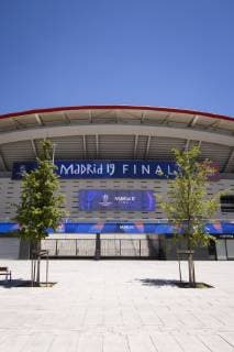 31.05.2019, xkvx, Fussball UEFA Champions League Finale, Tottenham Hotspur - FC Liverpool Training und PK emspor, v.l. Stadionansicht Ansicht Aussenansicht Wanda Metropolitano Ansicht Aussen Logo Champions League Logo Madrid 2019 Logo Emblem Signet Branding (DFL DFB REGULATIONS PROHIBIT ANY USE OF PHOTOGRAPHS as IMAGE SEQUENCES and or QUASI-VIDEO) Madrid