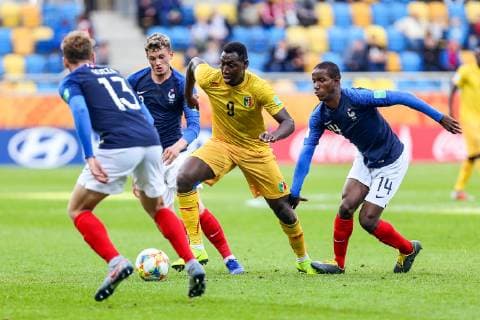 31.05.2019 GDYNIA UL. OLIMPIJSKA (POLAND) PILKA NOZNA (FOOTBALL) MISTRZOSTWA SWIATA W PILCE NOZNEJ DO LAT 20 (FIFA UNDER 20 WORLD CUP) MECZ (GAME) MALI U20 - FRANCJA U20 (MALI U20 - FRANCE U20) NZ MICHAEL CUISANCE, EL BILAL TOURE, IBRAHIMA DIALLO FOTO TADEUSZ SKWIOT CYFRASPORT NEWSPIX.PL --- Newspix.pl FRANCE OUT!  20190531TSCS6578
