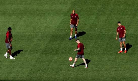 May 31, 2019 - Madrid, Spain - Divock Origi, Fabinho, Alberto Moreno and Roberto Firmino of Liverpool during the Liverpool FC training in sight of the UEFA Champions League Final at the Wanda Metropolitano Stadium in Madrid, Spain on May 31, 2019. Liverpool FC training - Uefa Champions League Final  - ZUMAn230 20190531_zaa_n230_402 Copyright: xMatteoxCiambellix