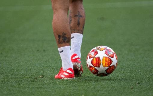 The leg tattoos of Roberto Firmino of Liverpool during the Champions League FINAL Training sessions of Totteham Hotspur & Liverpool football teams at Metropolitano Stadium (Stadium Metropolitano), Av. de Luis Aragon?s, 4, 28022 Madrid, Spain on 31 May 2019. Copyright: xAndyxRowlandx PMI-2854-0035