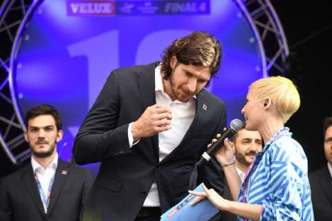 Laszlo Nagy (Telekom Veszprem HC) mit Moderatorin Anett Sattler, Handball, Velux EHF Final Four, Opening Party, Spieler, 31.05.19 Köln Lanxess-Arena Nordrhein-Westfalen Germany