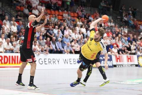 Tobias Varvne (HSC 2000 Coburg 34) frei vorm Tor, TuS N-Luebbecke vs HSC 2000 Coburg, Handball, 2. Bundesliga, 01.06.2019, TuS N-Luebbecke vs HSC 2000 Coburg, Handball, 2. Bundesliga, 01.06.2019 Luebbecke