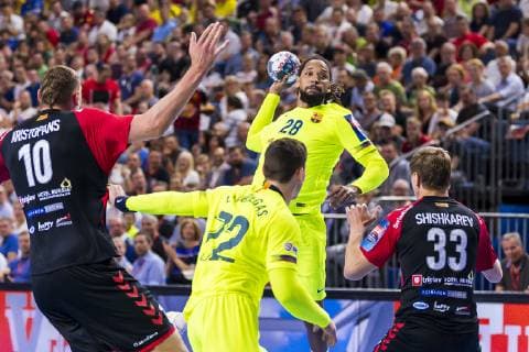 Köln, Deutschland 01. Juni 2019: Handball - EHF CL Halbfinale - FC Barcelona, Barca vs. HC Vardar Skobje v.li. Dainis Kristopans (HC Vardar), Ludovic Fabregas (Barcelona), Gilberto Brito Duarte (Barcelona), Daniil Shishkarev (HC Vardar) Köln Lanxess Arena Deutschland