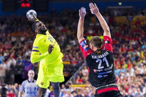 Köln, Deutschland 01. Juni 2019: Handball - EHF CL Halbfinale - FC Barcelona, Barca vs. HC Vardar Skobje v.li. Dika Mem (Barcelona), Gleb Kalarash (HC Vardar) Köln Lanxess Arena Deutschland