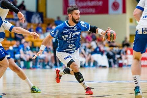 Björn Zintel 31 (TV 05 07 Huettenberg) waehrend der Begegnung in der Handball 2. Bundesliga (Herren) - Saison 2018-2019 zwischen Dessau-Rosslauer HV 06 und TV 05-07 Hüttenberg in der Anhalt Arena am 1. June 2019 in Dessau-Rosslau, Sachsen Anhalt, Deutschland