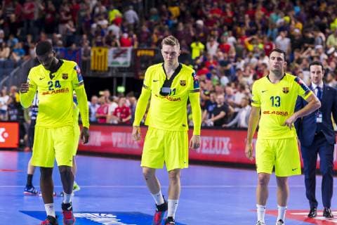 Köln, Deutschland 01. Juni 2019: Handball - EHF CL Halbfinale - FC Barcelona, Barca vs. HC Vardar Skobje Dika Mem (Barcelona), Lasse Bredekjaer Andersson (Barcelona), Aitor Arino Bengoechea (Barcelona) Köln Lanxess Arena Deutschland