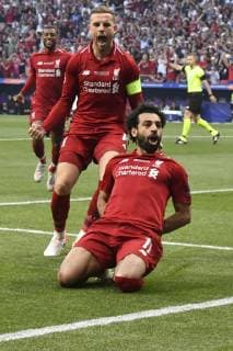 Football - 2019 UEFA Champions League Final - Liverpool vs. Tottenham Hotspur Mohamed Salah of Liverpool celebrates scoring his team s first goal, at Wanda Metropolitano, Madrid. COLORSPORT WINSTON BYNORTH 