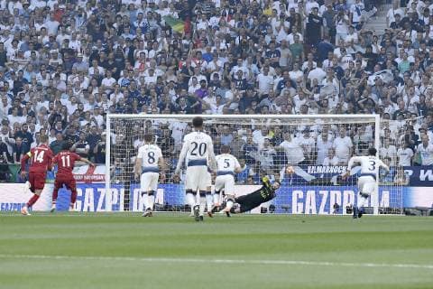 Mohamed Salah of Liverpool FC scoring 1-0 during the 2019 UEFA Champions League Final match between Tottenham Hotspur and Liverpool at Wanda Metropolitano Stadium, Madrid, Spain on 1 June 2019. Copyright: xGiuseppexMaffiax 24160124