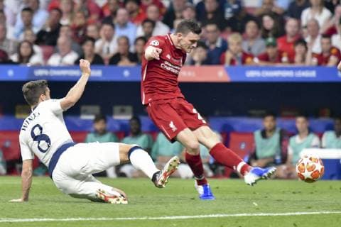 Football - 2019 UEFA Champions League Final - Liverpool vs. Tottenham Hotspur Andrew Robertson of Liverpool shoots at goal, at Wanda Metropolitano, Madrid. COLORSPORT WINSTON BYNORTH 