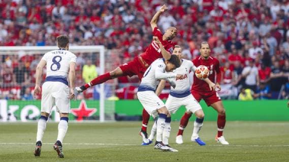 Madrid, Spain, 01.06.2019, UEFA Champions League - 2018 19 Season, Finale, Tottenham Hotspur - FC Liverpool, Dele Alli (Tottenham) and Fabinho (Liverpool) battle for the ball ( Defodi-09-523-097690