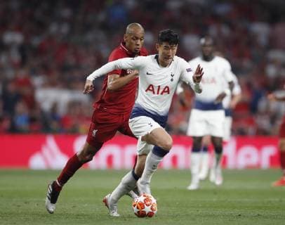 Son Heung-Min of Tottenham chased by Fabinho of Liverpool during the UEFA Champions League match at Wanda Metropolitano Stadium, Madrid. Picture date: 1st June 2019. Picture credit should read: David Klein Sportimage EDITORIAL USE ONLY. No use with unauthorised audio, video, data, fixture lists, club league logos or live services. Online in-match use limited to 120 images, no video emulation. No use in betting, games or single club league player publications. SPI-0089-0041