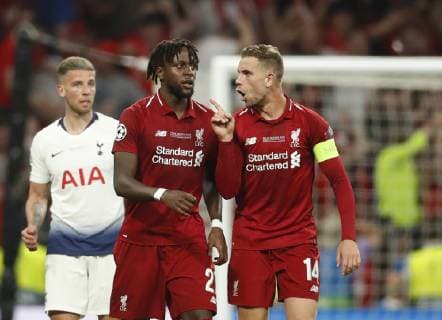 Divock Origi of Liverpool celebrates with Jordan Henderson of Liverpool during the UEFA Champions League match at Wanda Metropolitano Stadium, Madrid. Picture date: 1st June 2019. Picture credit should read: David Klein Sportimage EDITORIAL USE ONLY. No use with unauthorised audio, video, data, fixture lists, club league logos or live services. Online in-match use limited to 120 images, no video emulation. No use in betting, games or single club league player publications. SPI-0089-0047