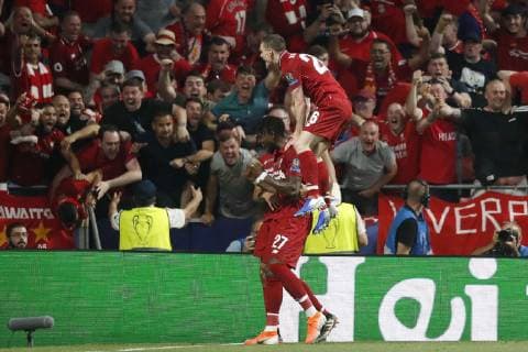 MADRID, 01-06-2019, Wanda Metropolitano Stadium, season 2018 2019, UEFA Champions League Final. Liverpool FC player Divock Origi and Liverpool FC player Andy Robertson celebrating the 0-2 during the game Tottenham Hotspur - Liverpool Tottenham Hotspur - Liverpool (CL final)  x3566669x Copyright: