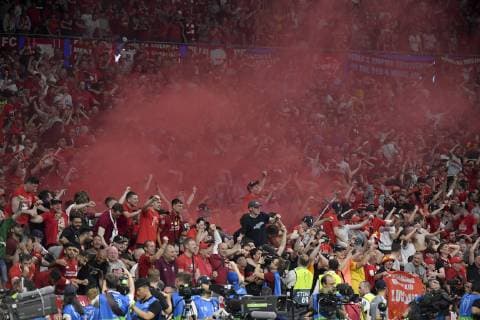 Liverpool s supporters cheer their team after 2-0 during the 2019 UEFA Champions League Final match between Tottenham Hotspur and Liverpool at Wanda Metropolitano Stadium, Madrid, Spain on 1 June 2019. Copyright: xGiuseppexMaffiax 24160265