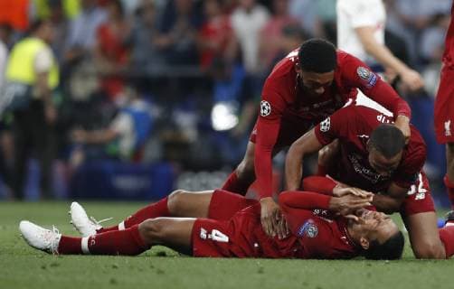 Virgil van Dijk of Liverpool screams out in joy during the UEFA Champions League match at Wanda Metropolitano Stadium, Madrid. Picture date: 1st June 2019. Picture credit should read: David Klein Sportimage EDITORIAL USE ONLY. No use with unauthorised audio, video, data, fixture lists, club league logos or live services. Online in-match use limited to 120 images, no video emulation. No use in betting, games or single club league player publications. SPI-0089-0056
