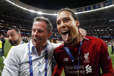 (l-r) Jamie carragher, Virgil van Dijk of Liverpool FC during the UEFA Champions League final match between Tottenham Hotspur FC and Liverpool FC at Estadio Metropolitano on June 01, 2019 in Madrid, Spain UEFA Champions League 2018 2019 xVIxVIxImagesx xMauricexvanxSteenxIVx 14634327