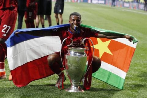 Georginio Wijnaldum of Liverpool FC with UEFA Champions League trophy, Coupe des clubs Champions Europeens during the UEFA Champions League final match between Tottenham Hotspur FC and Liverpool FC at Estadio Metropolitano on June 01, 2019 in Madrid, Spain UEFA Champions League 2018 2019 xVIxVIxImagesx xMauricexvanxSteenxIVx 14634428