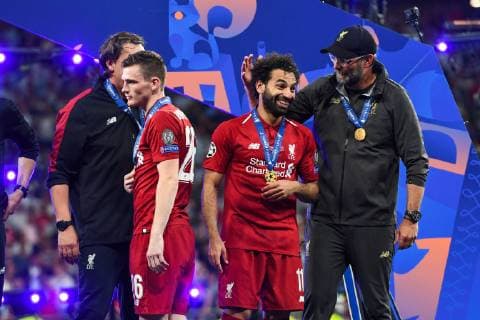 190601 Mohamed Salah and Head coach Jürgen Klopp in the podium after the UEFA Champions League final between Tottenham and Liverpool on June 1, 2019 in Madrid. Photo: Petter Arvidson BILDBYRAN kod PA 92302 Copyright: PETTERxARVIDSON BB190601PA227