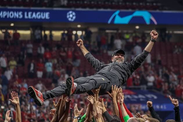 June 1, 2019 - Madrid, Spain - Liverpool manager Jurgen Klopp is thrown in the air as he celebrates whit his players and staff after winning the UEFA Champions League Final Tottenham Hotspur Fc v Liverpool Fc at the Wanda Metropolitano Stadium in Madrid, Spain on June 1, 2019. Tottenham Hotspur Fc v Liverpool Fc - Uefa Champions League Final  - ZUMAn230 20190601_zaa_n230_551 Copyright: xMatteoxCiambellix