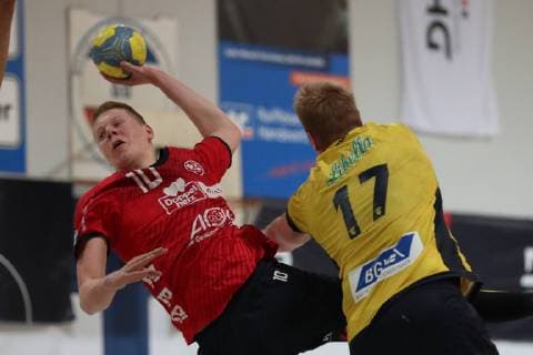 SG Flensburg-Handewitt vs Rhein Neckar Loewen, Handball, maennliche A-Jugend, Deutsche Meisterschaft, Finale, Bundesliga, 01.06.19 Niels Versteijnen (Nr.10, SG Flensburg-Handewitt) gegen Lukas Wichmann (Nr.17, Rhein Neckar Loewen)