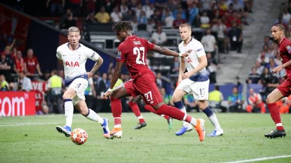 UEFA Champions League Finale 2019 Tottenham Hotspurs - FC Liverpool Spanien, Madrid, 01.06.2019, Fussball, UEFA Champions League, Saison 2018 2019, Finale in Madrid, Tottenham Hotspurs - FC Liverpool: v.l. Tobi Aldereiweld (Tottenham Hotspurs), Divock Origi (FC Liverpool); Tor 0:2 Origi, DFL DFB REGULATIONS PROHIBIT ANY USE OF PHOTOGRAPHS AS IMAGE SEQUENCES AND OR QUASI-VIDEO.