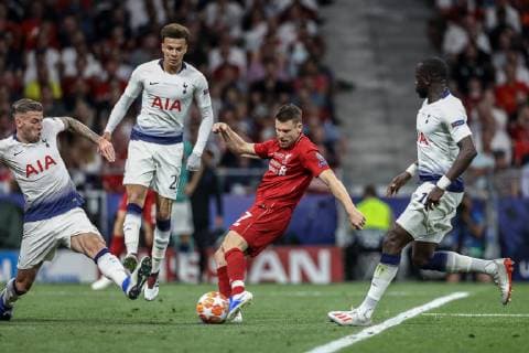 June 1, 2019 - Madrid, Spain - James Milner of Liverpool, Dele Alli of Tottenham, Moussa Sissoko of Tottenham and Toby Alderweireld of Tottenham during the UEFA Champions League Final Tottenham Hotspur Fc v Liverpool Fc at the Wanda Metropolitano Stadium in Madrid, Spain on June 1, 2019. Tottenham Hotspur Fc v Liverpool Fc - Uefa Champions League Final  - ZUMAn230 20190601_zaa_n230_589 Copyright: xMatteoxCiambellix