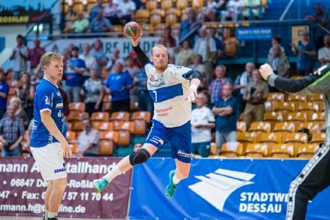 Libor Hanisch 7 (Dessau-Rosslauer HV 06) waehrend der Begegnung in der Handball 2. Bundesliga (Herren) - Saison 2018-2019 zwischen Dessau-Rosslauer HV 06 und TV 05-07 Hüttenberg in der Anhalt Arena am 1. June 2019 in Dessau-Rosslau, Sachsen Anhalt, Deutschland