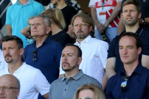 Aspach, Germany 30.05.2019, Deutsche A-Junioren-Meisterschaft, A-Junioren Finale VfB Stuttgart - BV Borussia Dortmund, Praesident Wolfgang Dietrich (VFB), Sportdirektor Sven Mislintat (VfB), Vorstand Thomas Hitzlsperger (VFB), Francisco Vaz (VFB) und Trainer Nico Willig (VFB) ( Defodi-09-541-017285