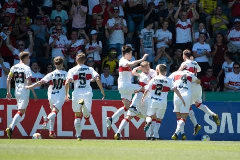 Tor zum 1:0 durch Antonis Aidonis (VfB Stuttgart 04), Torjubel freude, VfB Stuttgart U19 vs. Borussia Dortmund U19, Fussball, Herren, U19, Finale Deutsche Meisterschaft, Saison 18 19, GER, 02.06.2019, DFB REGULATIONS PROHIBIT ANY USE OF PHOTOGRAPHS AS IMAGE SEQUENCES AND OR QUASI-VIDEO, VfB Stuttgart U19 vs. Borussia Dortmund U19, Fussball, Herren, U19, Finale Deutsche Meisterschaft, Saison 18 19, GER, 02.06.2019 Grossaspach