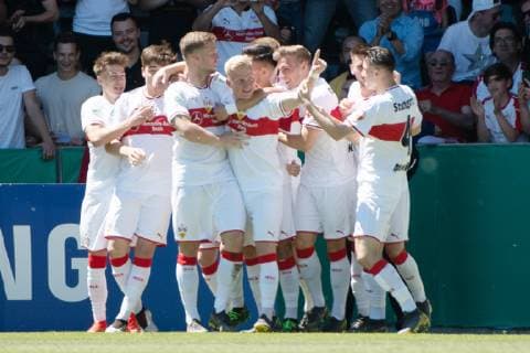 Tor zum 1:0 durch Antonis Aidonis (VfB Stuttgart 04), Torjubel freude, VfB Stuttgart U19 vs. Borussia Dortmund U19, Fussball, Herren, U19, Finale Deutsche Meisterschaft, Saison 18 19, GER, 02.06.2019, DFB REGULATIONS PROHIBIT ANY USE OF PHOTOGRAPHS AS IMAGE SEQUENCES AND OR QUASI-VIDEO, VfB Stuttgart U19 vs. Borussia Dortmund U19, Fussball, Herren, U19, Finale Deutsche Meisterschaft, Saison 18 19, GER, 02.06.2019 Grossaspach