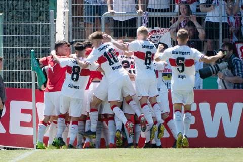 Torjubel VfB, VfB Stuttgart U19 vs. Borussia Dortmund U19, Fussball, Herren, U19, Finale Deutsche Meisterschaft, Saison 18 19, GER, 02.06.2019, DFB REGULATIONS PROHIBIT ANY USE OF PHOTOGRAPHS AS IMAGE SEQUENCES AND OR QUASI-VIDEO, VfB Stuttgart U19 vs. Borussia Dortmund U19, Fussball, Herren, U19, Finale Deutsche Meisterschaft, Saison 18 19, GER, 02.06.2019 Grossaspach