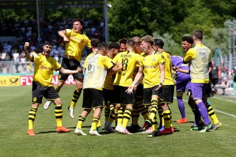 Aspach, Germany 02.06.2019, Deutsche A-Junioren-Meisterschaft, A-Junioren Finale VfB Stuttgart - BV Borussia Dortmund, jubel von Paul-Philipp Besong (BVB U19) nach dem 3:4 ( Defodi-09-541-017324