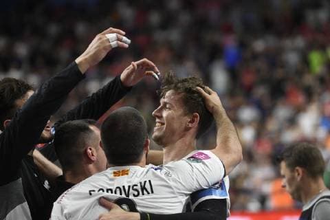 Riesenjubel bei Christian Dissinger (HC Vardar) und seinem Team nach dem 27:24-Sieg, Handball, Männer, Velux EHF Final Four, Finale, HC Vardar vs Telekom Veszprem, 02.06.19 Köln Lanxess-Arena Nordrhein-Westfalen Germany