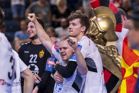 Handball, EHF CL, Final Four, Finale, HC Vardar Skopje - Telekom Veszprem HC Köln, Deutschland 02. Juni 2019: Handball - EHF CL Finale - HC Vardar Skopje vs. Telekom Veszprem Stas Skube (HC Vardar), Christian Dissinger (HC Vardar) Köln Lanxess Arena Deutschland