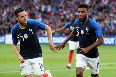 JOIE - 08 THOMAS LEMAR (FRA) - 20 FLORIAN THAUVIN (FRA) FOOTBALL : France vs Bolivie - Match Amical - 02 06 2019 FEP Panoramic 