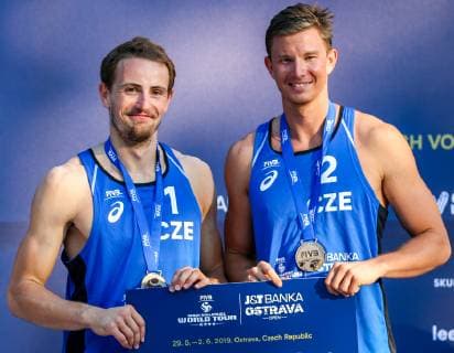 L-R Ondrej Perusic and David Schweiner (Czech) are seen during the four-star J&T Banka Ostrava Beach Open 2019, part of the FIVB Beach volleyball, Beachvolleyball World Tour, in Ostrava, Czech Republic, on July 2, 2019. (CTKxPhoto VladimirxPrycek) CTKPhotoP201906020546701  PRY 039