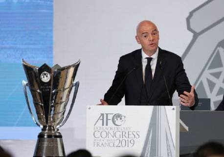 (190604) -- PARIS, June 4, 2019 (Xinhua) -- FIFA President Gianni Infantino makes an address during the AFC Extraordinary Congress in Paris, France, June 4, 2019. China was confirmed as the host of the AFC Asian Cup 2023 (SP)FRANCE-PARIS-AFC-ASIAN CUP-2023 