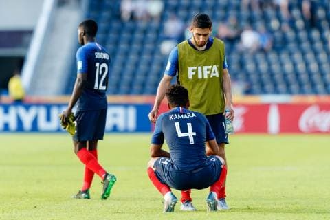 Bydgoszcz, Polen, 04.06.2019, FIFA Weltmeisterschaft Polen 2019, Achtelfinale, Frankreich - USA, Sambou Sissoko (FRA), Boubacar Kamara (FRA), Nabil Alioui (FRA) enttaeuscht ( Defodi-01048-179661
